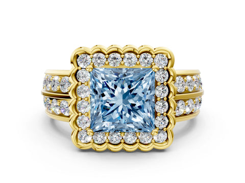 Yellow gold Fancy Blue Princess Cut Halo Diamond Split Shank Ring with Scalloped Prong Setting