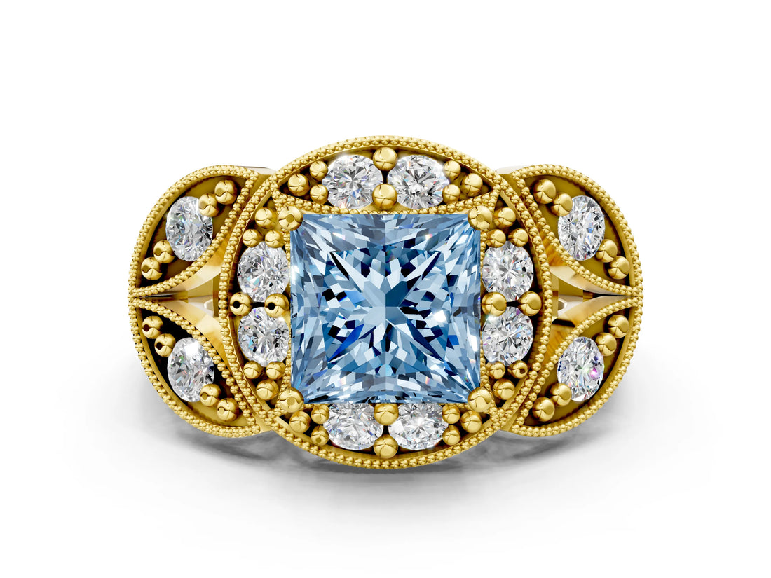 Yellow gold Fancy Blue Princess Cut Halo Milgrain Diamond Engagement Ring with Leaf Band and Four-Prong Setting