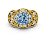 Yellow gold Fancy Blue Princess Cut Halo Milgrain Diamond Engagement Ring with Leaf Band and Four-Prong Setting