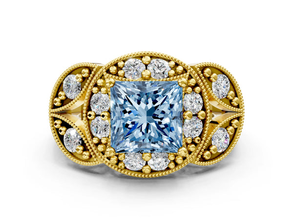 Yellow gold Fancy Blue Princess Cut Halo Milgrain Diamond Engagement Ring with Leaf Band and Four-Prong Setting