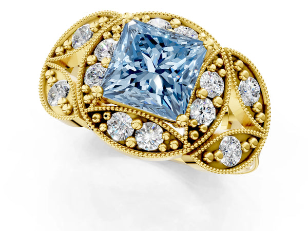 Yellow gold Fancy Blue Princess Cut Halo Milgrain Diamond Engagement Ring with Leaf Band and Four-Prong Setting