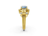 Yellow gold Fancy Blue Princess Cut Halo Milgrain Diamond Engagement Ring with Leaf Band and Four-Prong Setting_2