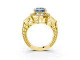 Yellow gold Fancy Blue Princess Cut Halo Milgrain Diamond Engagement Ring with Leaf Band and Four-Prong Setting_3