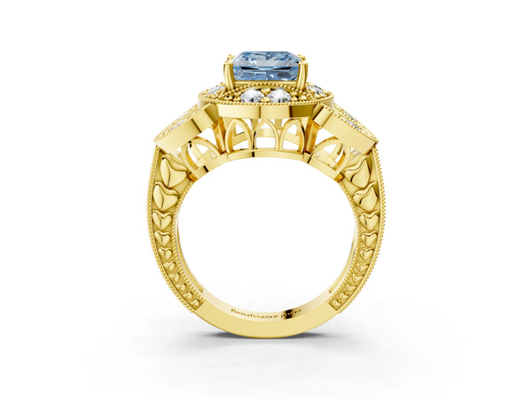 Yellow gold Fancy Blue Princess Cut Halo Milgrain Diamond Engagement Ring with Leaf Band and Four-Prong Setting