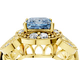 Yellow gold Fancy Blue Princess Cut Halo Milgrain Diamond Engagement Ring with Leaf Band and Four-Prong Setting_4