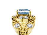 Yellow gold Fancy Blue Princess Cut Halo Milgrain Diamond Engagement Ring with Leaf Band and Four-Prong Setting_5
