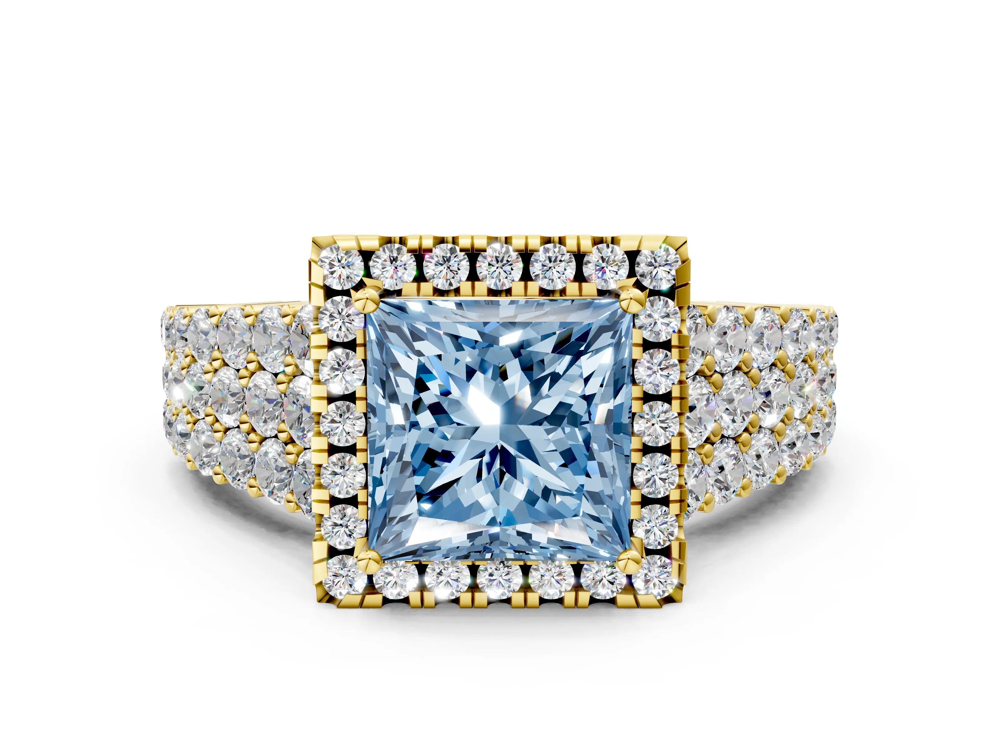 Yellow gold Fancy Blue Princess Cut Halo Pavé Diamond Engagement Ring with Split Shank and Four-Prong Setting_3