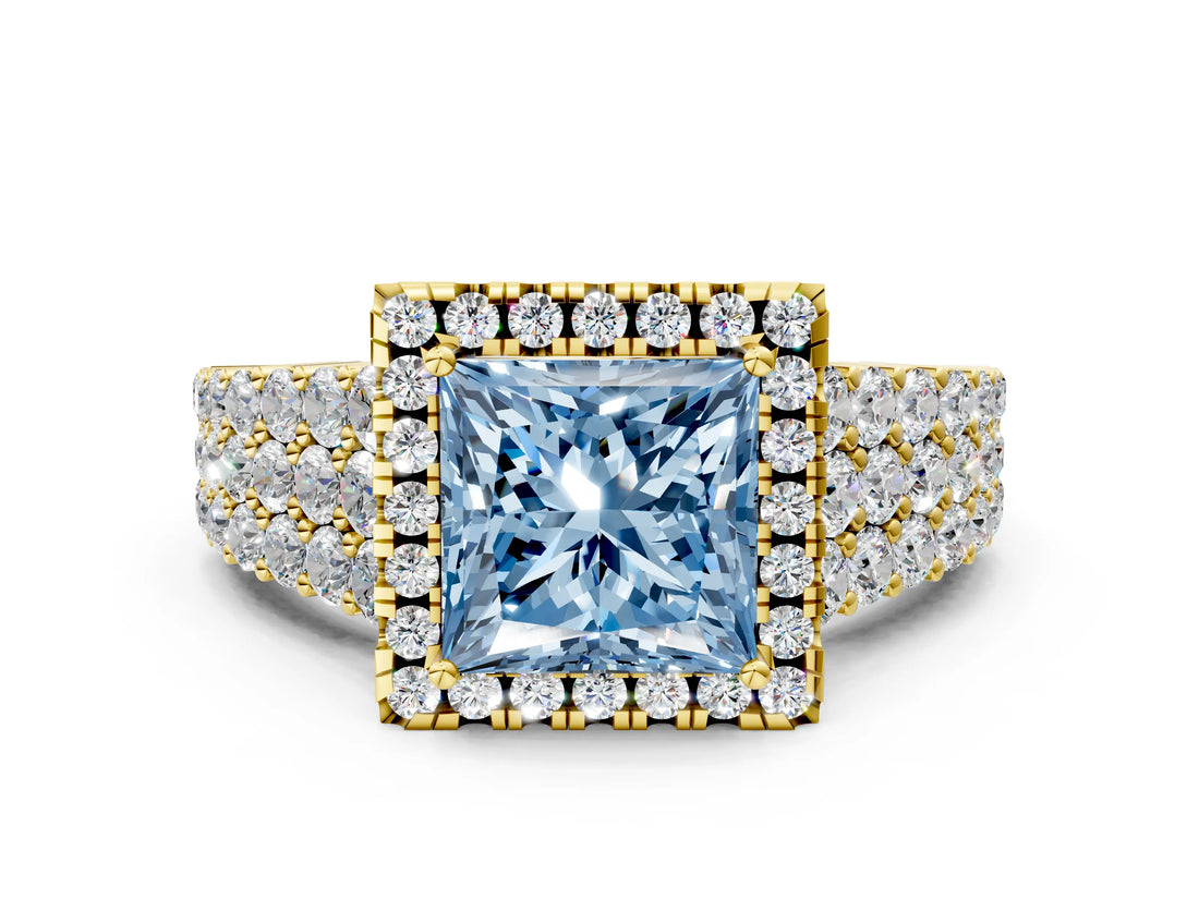 Yellow gold Fancy Blue Princess Cut Halo Pavé Diamond Engagement Ring with Split Shank and Four-Prong Setting_3
