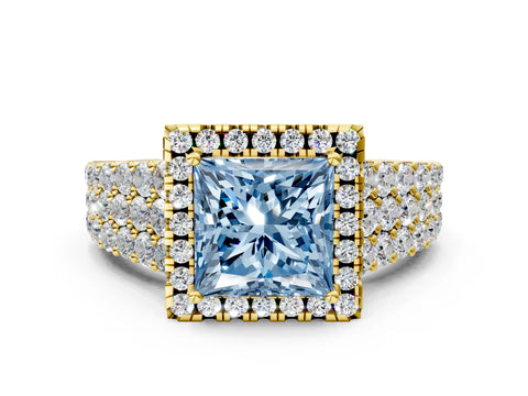 Yellow gold Fancy Blue Princess Cut Halo Pavé Diamond Engagement Ring with Split Shank and Four-Prong Setting_3