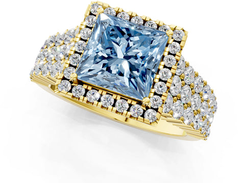 Yellow gold Fancy Blue Princess Cut Halo Pavé Diamond Engagement Ring with Split Shank and Four-Prong Setting_4