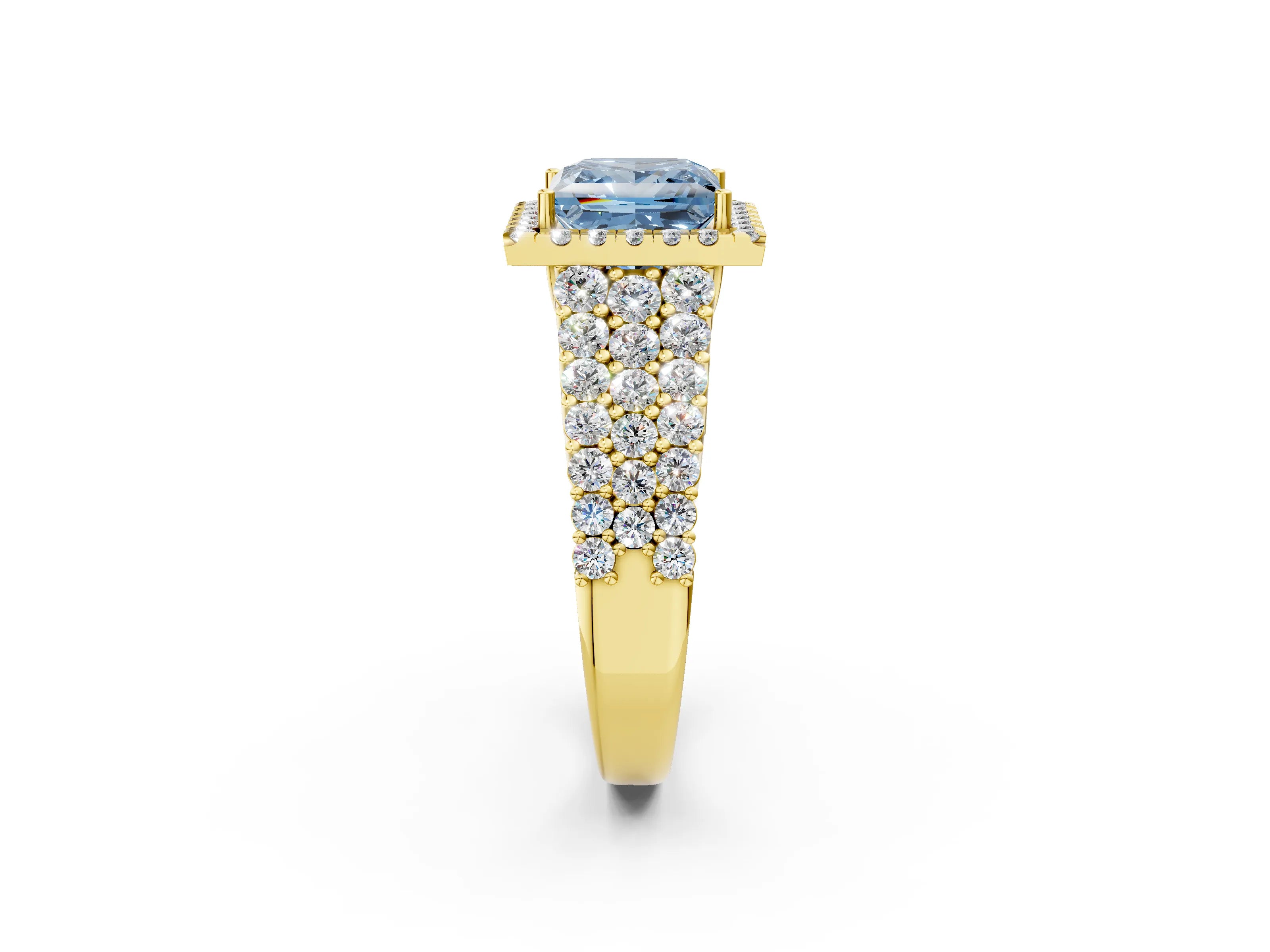 Yellow gold Fancy Blue Princess Cut Halo Pavé Diamond Engagement Ring with Split Shank and Four-Prong Setting_5