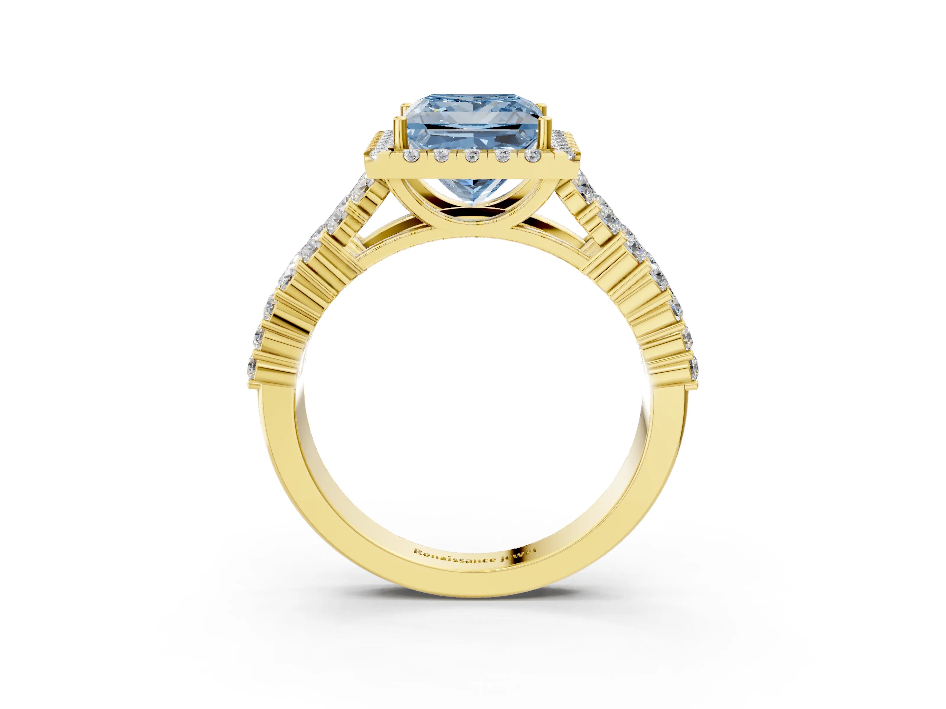 Yellow gold Fancy Blue Princess Cut Halo Pavé Diamond Engagement Ring with Split Shank and Four-Prong Setting_6