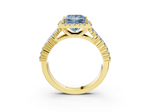 Yellow gold Fancy Blue Princess Cut Halo Pavé Diamond Engagement Ring with Split Shank and Four-Prong Setting_6