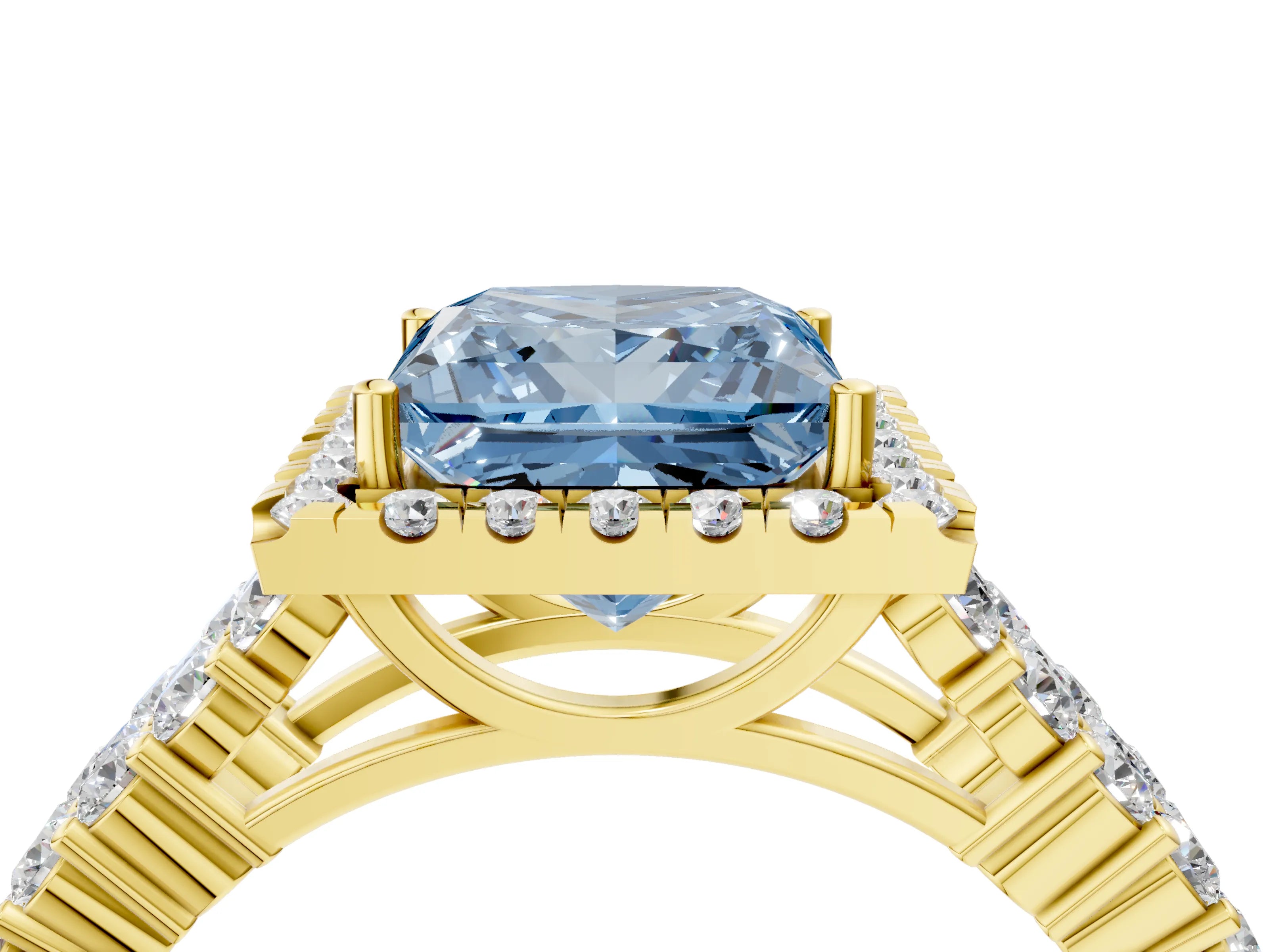 Yellow gold Fancy Blue Princess Cut Halo Pavé Diamond Engagement Ring with Split Shank and Four-Prong Setting_7