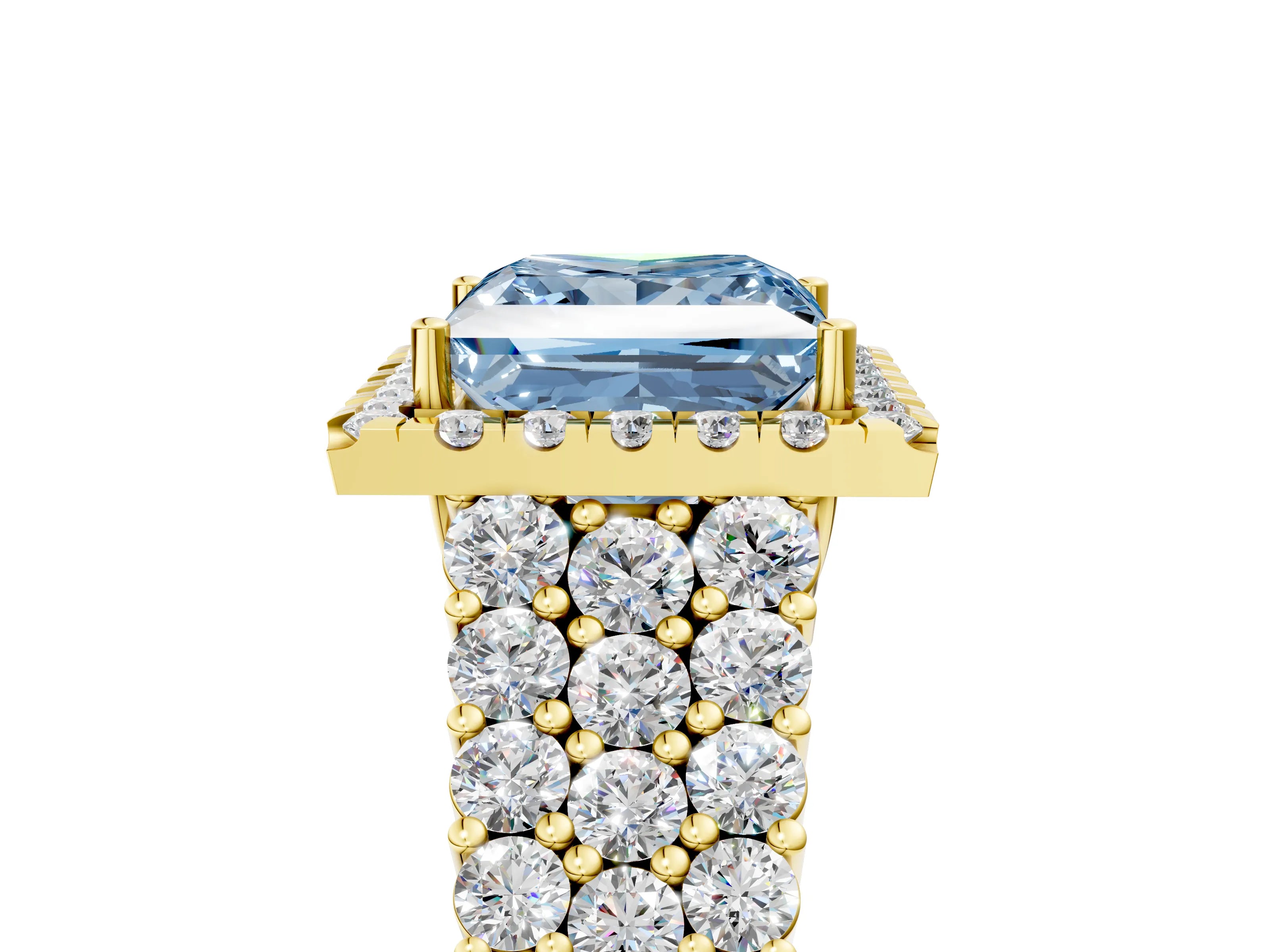 Yellow gold Fancy Blue Princess Cut Halo Pavé Diamond Engagement Ring with Split Shank and Four-Prong Setting_8