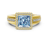 Yellow gold Fancy Blue Princess  Cut Halo Pave Band Four-Prong Ring_49