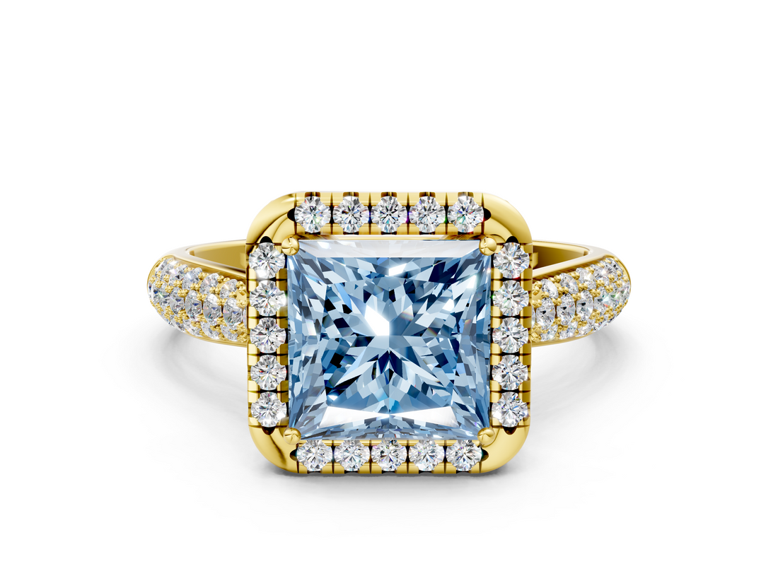 Yellow gold Fancy Blue Princess  Cut Halo Pave Band Four-Prong Setting Ring_20