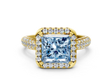 Yellow gold Fancy Blue Princess  Cut Halo Pave Band Four-Prong Setting Ring_20