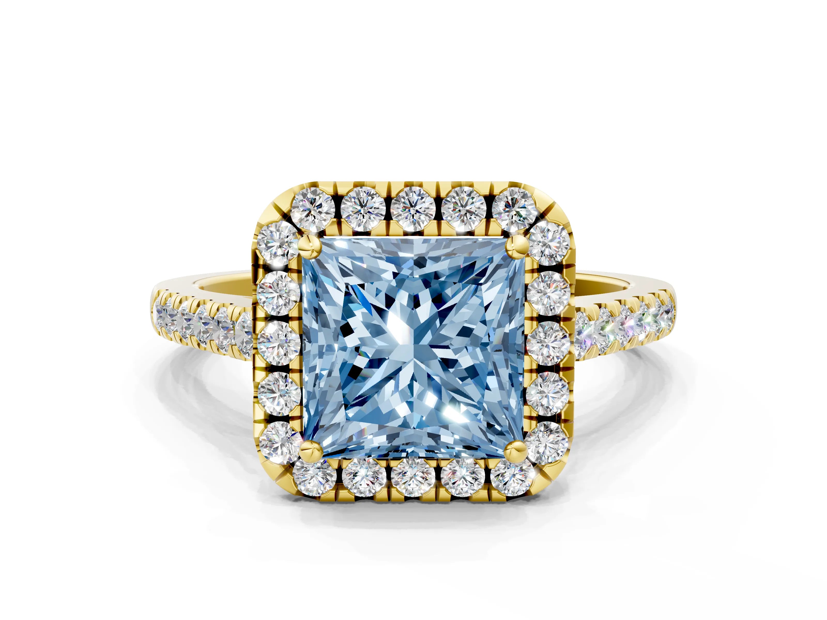 Yellow gold Fancy Blue Princess Cut Halo Pave Diamond Engagement Ring with Four-Prong Setting