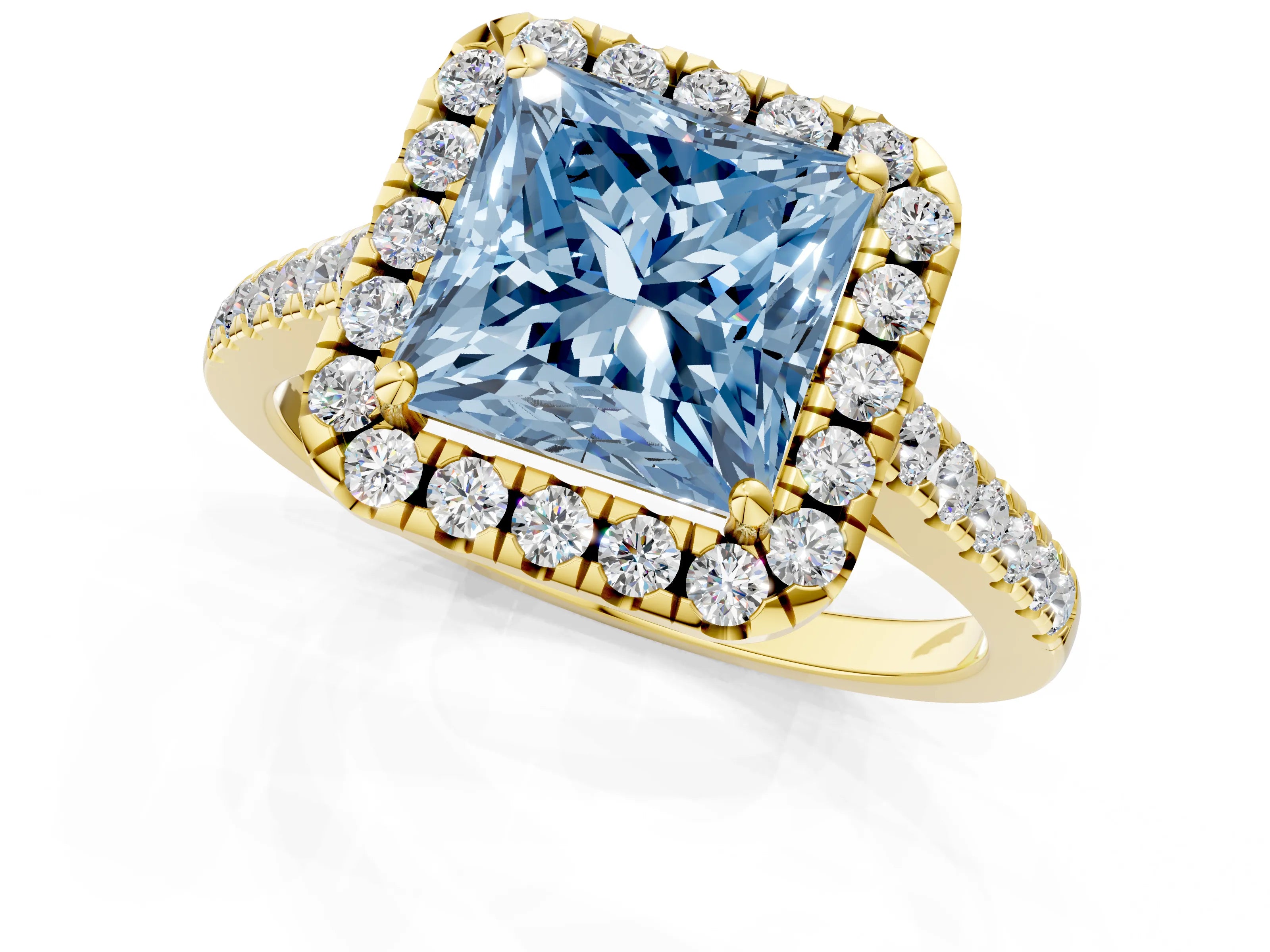 Yellow gold Fancy Blue Princess Cut Halo Pave Diamond Engagement Ring with Four-Prong Setting_1