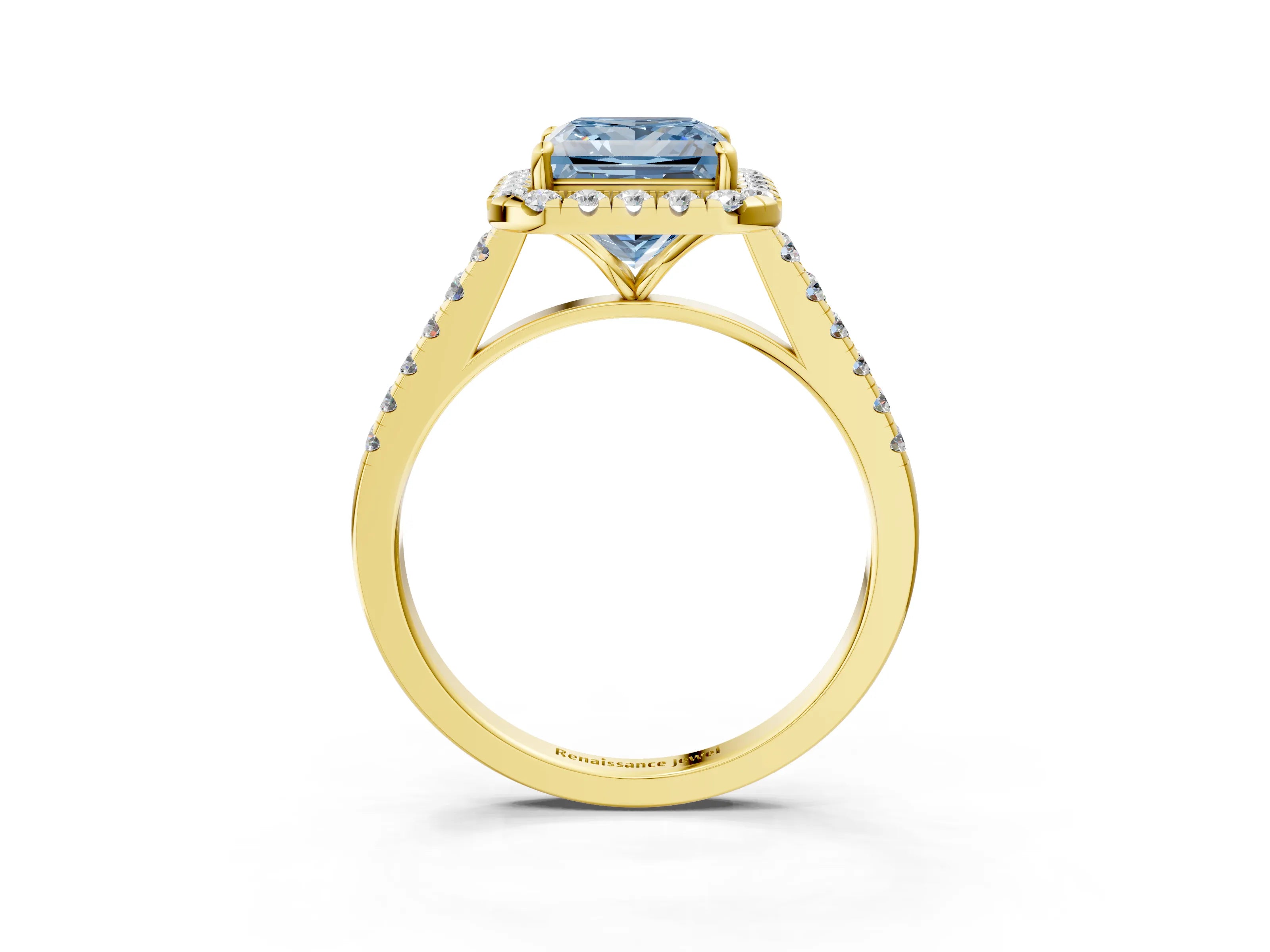 Yellow gold Fancy Blue Princess Cut Halo Pave Diamond Engagement Ring with Four-Prong Setting_3