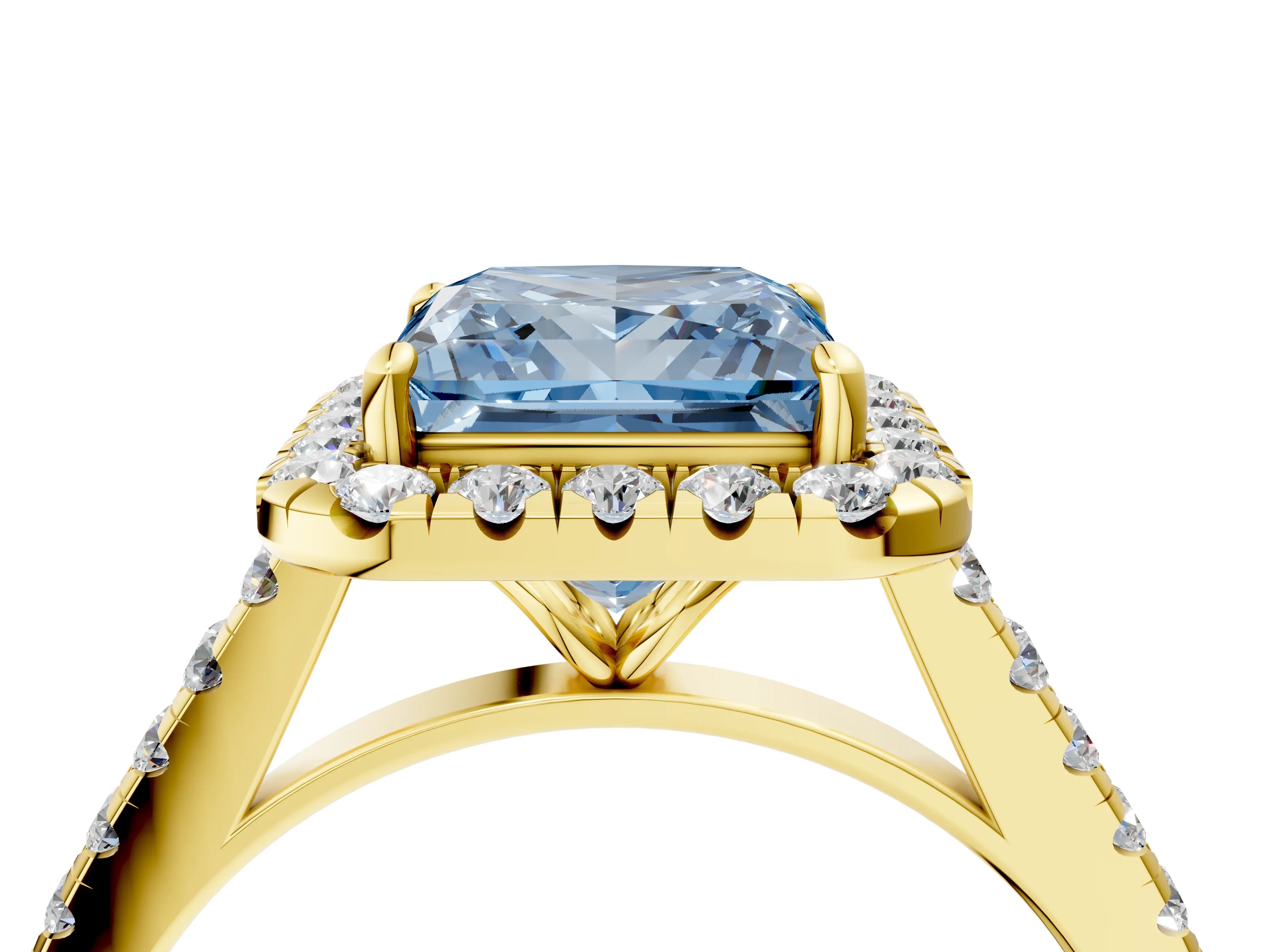 Yellow gold Fancy Blue Princess Cut Halo Pave Diamond Engagement Ring with Four-Prong Setting_4
