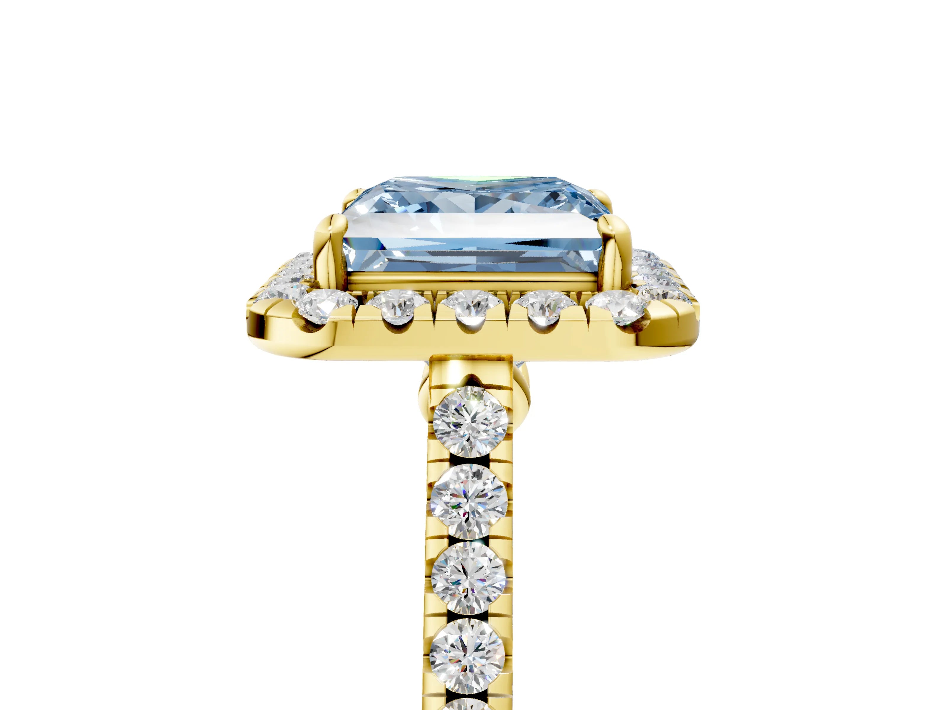 Yellow gold Fancy Blue Princess Cut Halo Pave Diamond Engagement Ring with Four-Prong Setting_5