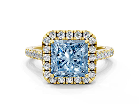 Yellow gold Fancy Blue Princess Cut Halo Pave Diamond Engagement Ring with Four-Prong Setting