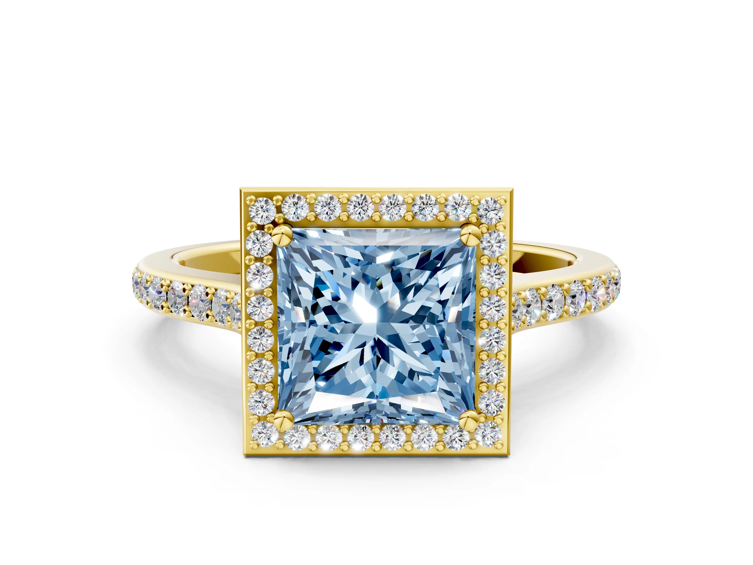 Yellow gold Fancy Blue Princess Cut Halo Round Diamond Pavé Band with Four-Prong Setting_3