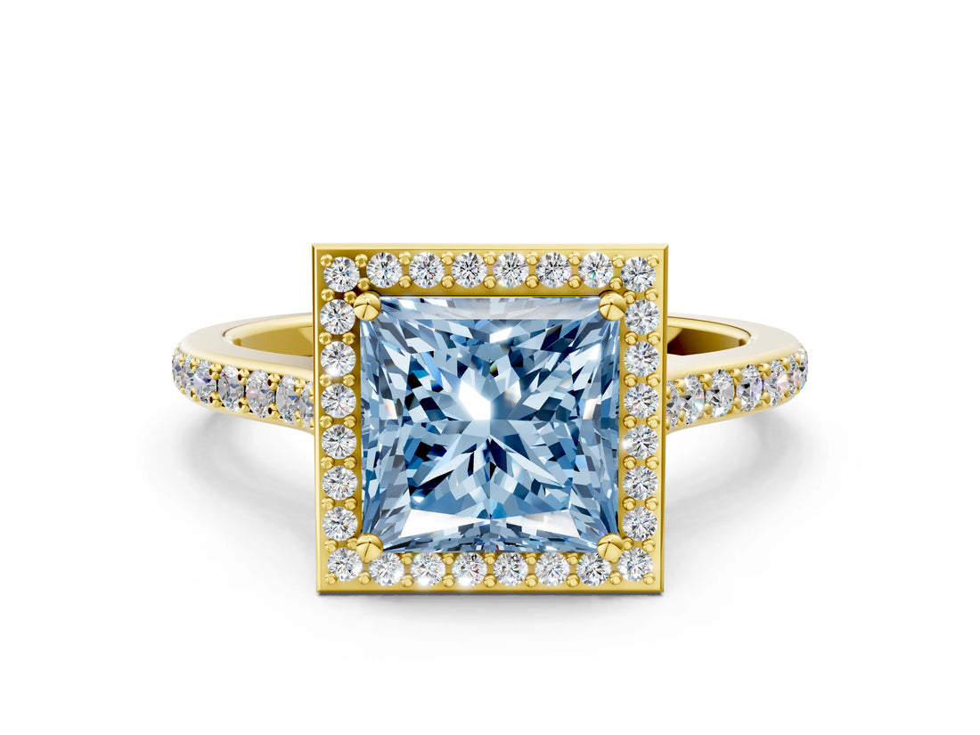 Yellow gold Fancy Blue Princess Cut Halo Round Diamond Pavé Band with Four-Prong Setting_3