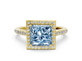 Yellow gold Fancy Blue Princess Cut Halo Round Diamond Pavé Band with Four-Prong Setting_3