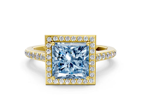 Yellow gold Fancy Blue Princess Cut Halo Round Diamond Pavé Band with Four-Prong Setting_3