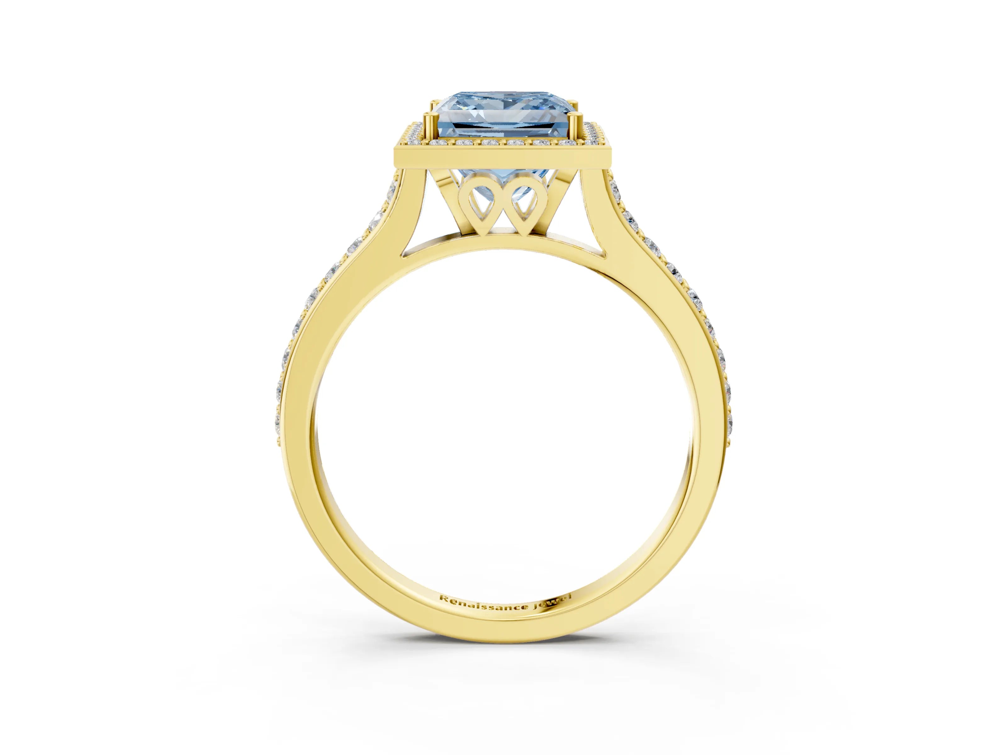 Yellow gold Fancy Blue Princess Cut Halo Round Diamond Pavé Band with Four-Prong Setting_6