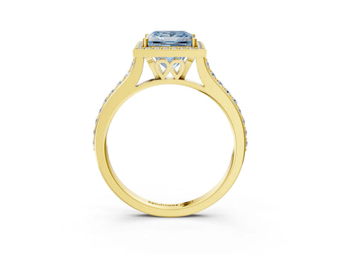 Yellow gold Fancy Blue Princess Cut Halo Round Diamond Pavé Band with Four-Prong Setting_6