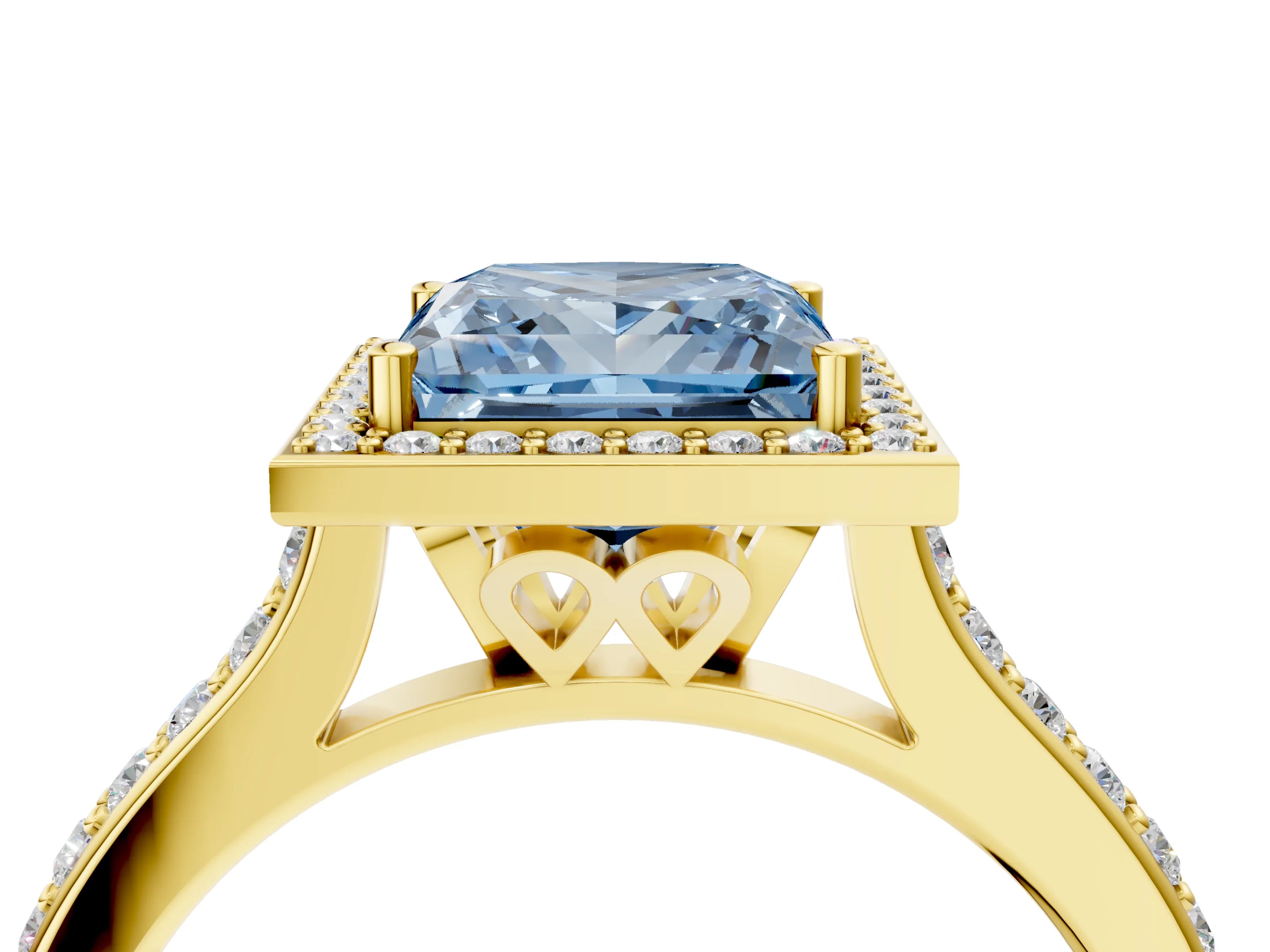 Yellow gold Fancy Blue Princess Cut Halo Round Diamond Pavé Band with Four-Prong Setting_7
