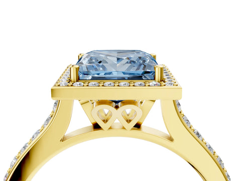 Yellow gold Fancy Blue Princess Cut Halo Round Diamond Pavé Band with Four-Prong Setting_7