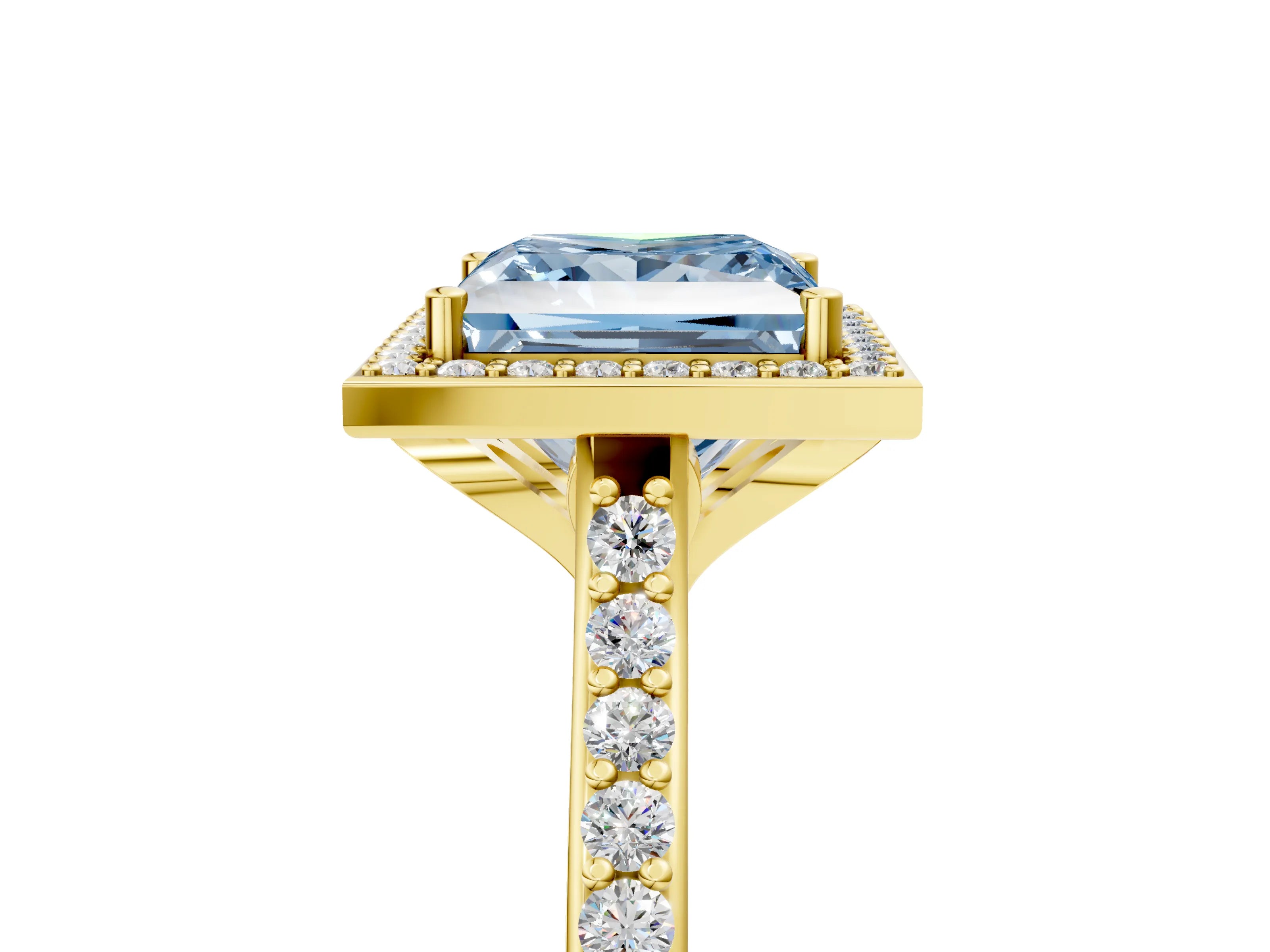 Yellow gold Fancy Blue Princess Cut Halo Round Diamond Pavé Band with Four-Prong Setting_8