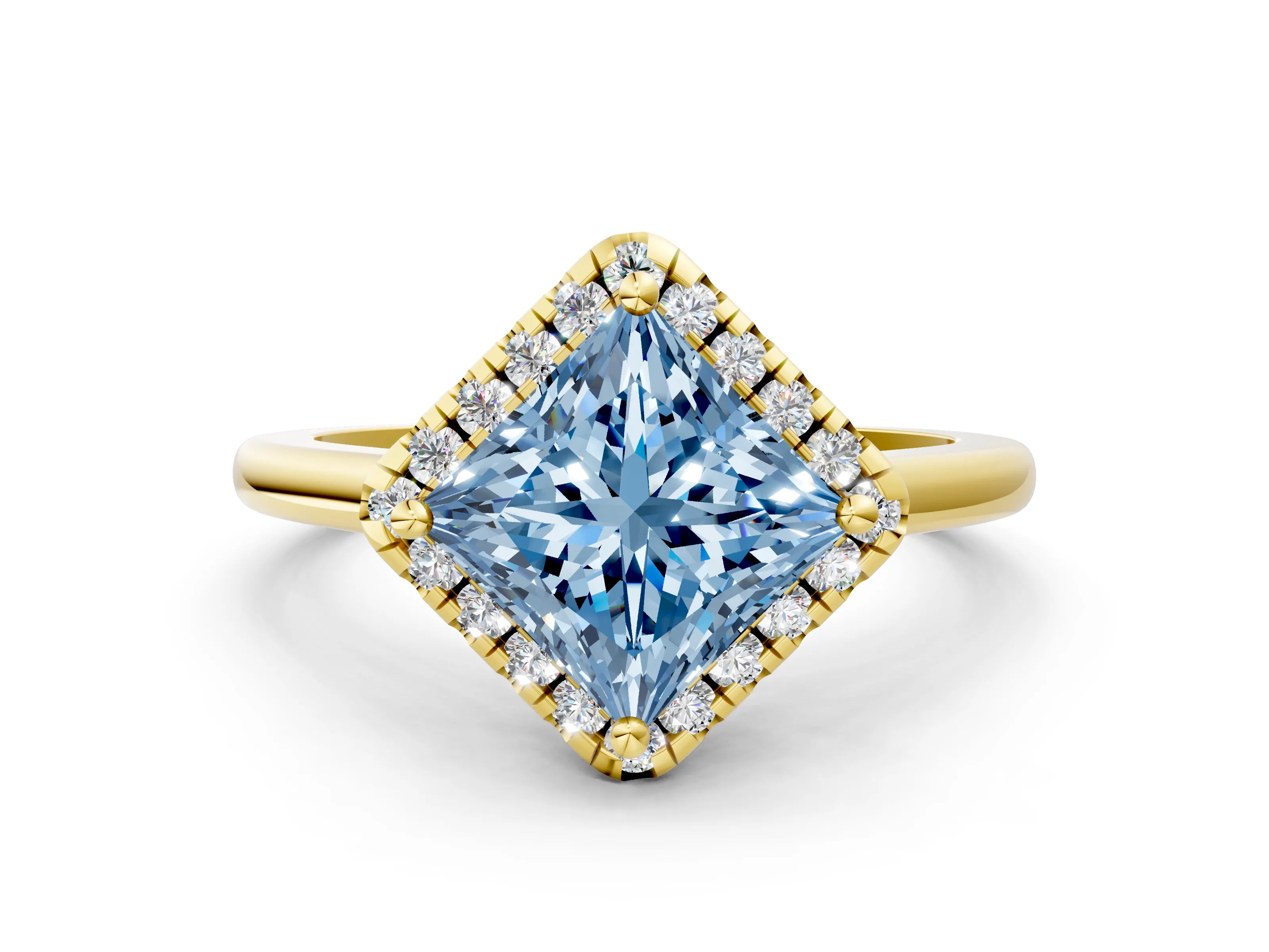Yellow gold Fancy Blue Princess Cut Halo Round Diamond Solitaire Engagement Ring with Pave Band and Four-Prong Setting_12
