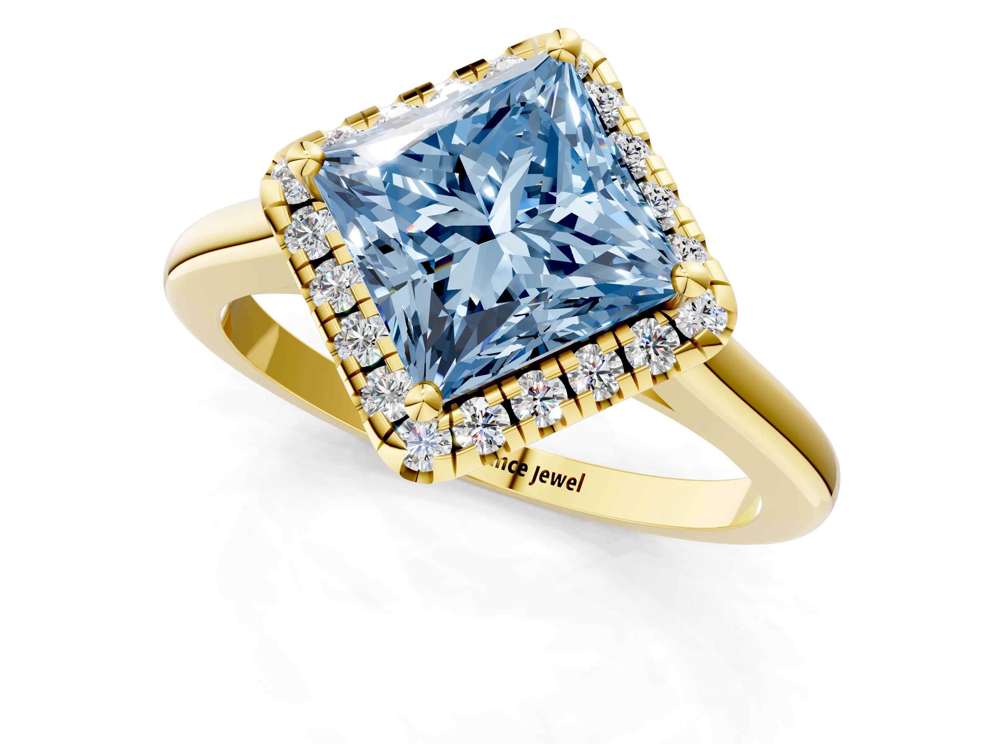 Yellow gold Fancy Blue Princess Cut Halo Round Diamond Solitaire Engagement Ring with Pave Band and Four-Prong Setting_13