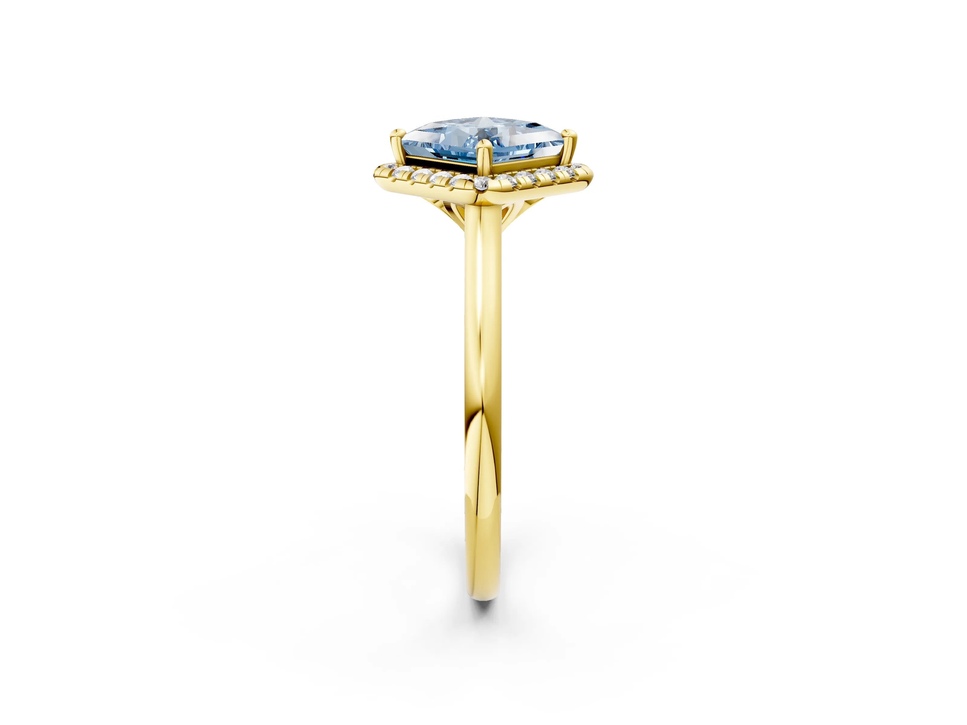 Yellow gold Fancy Blue Princess Cut Halo Round Diamond Solitaire Engagement Ring with Pave Band and Four-Prong Setting_14