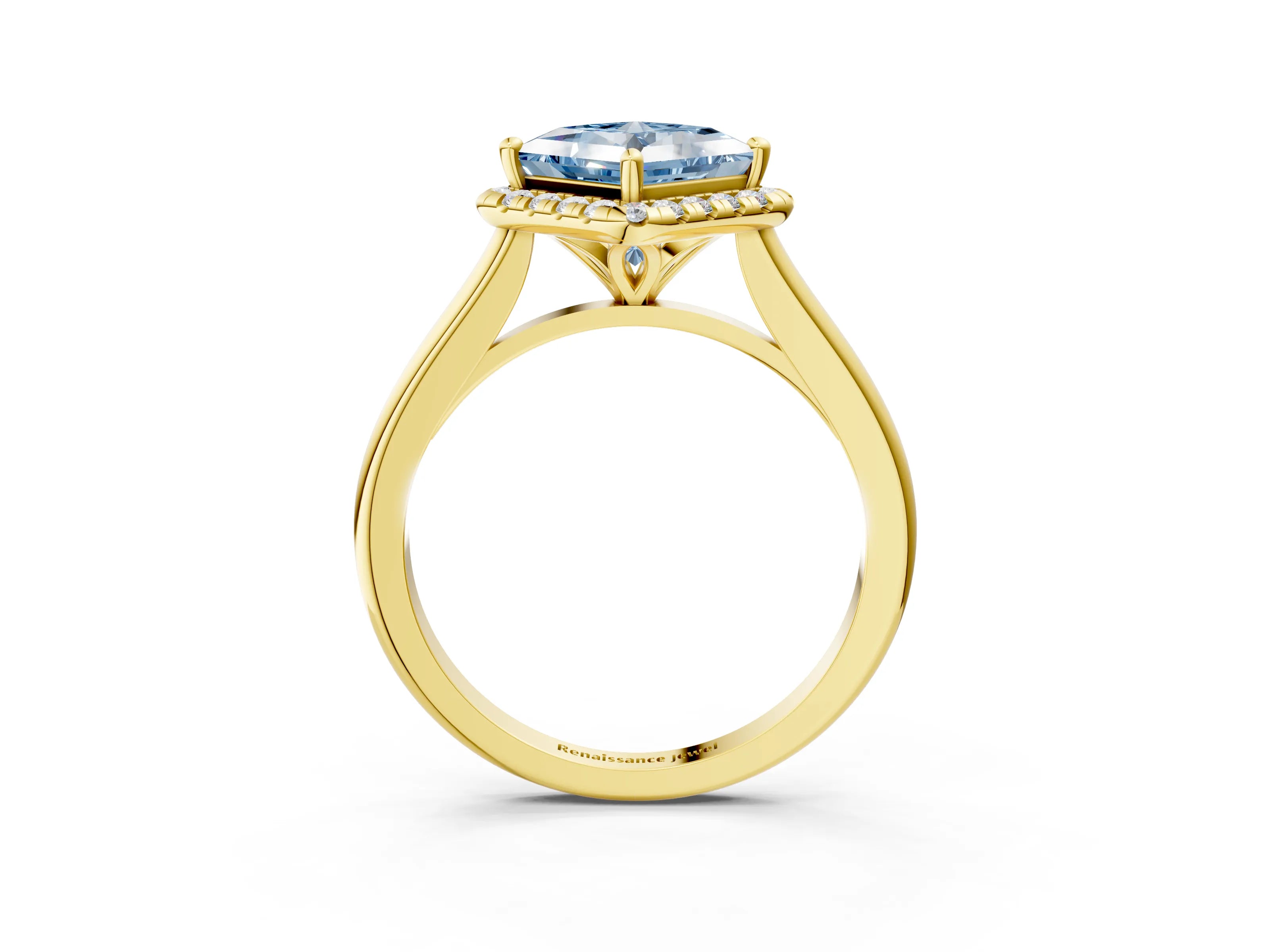 Yellow gold Fancy Blue Princess Cut Halo Round Diamond Solitaire Engagement Ring with Pave Band and Four-Prong Setting_15