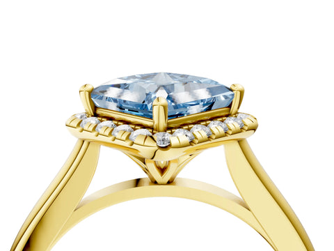 Yellow gold Fancy Blue Princess Cut Halo Round Diamond Solitaire Engagement Ring with Pave Band and Four-Prong Setting_16