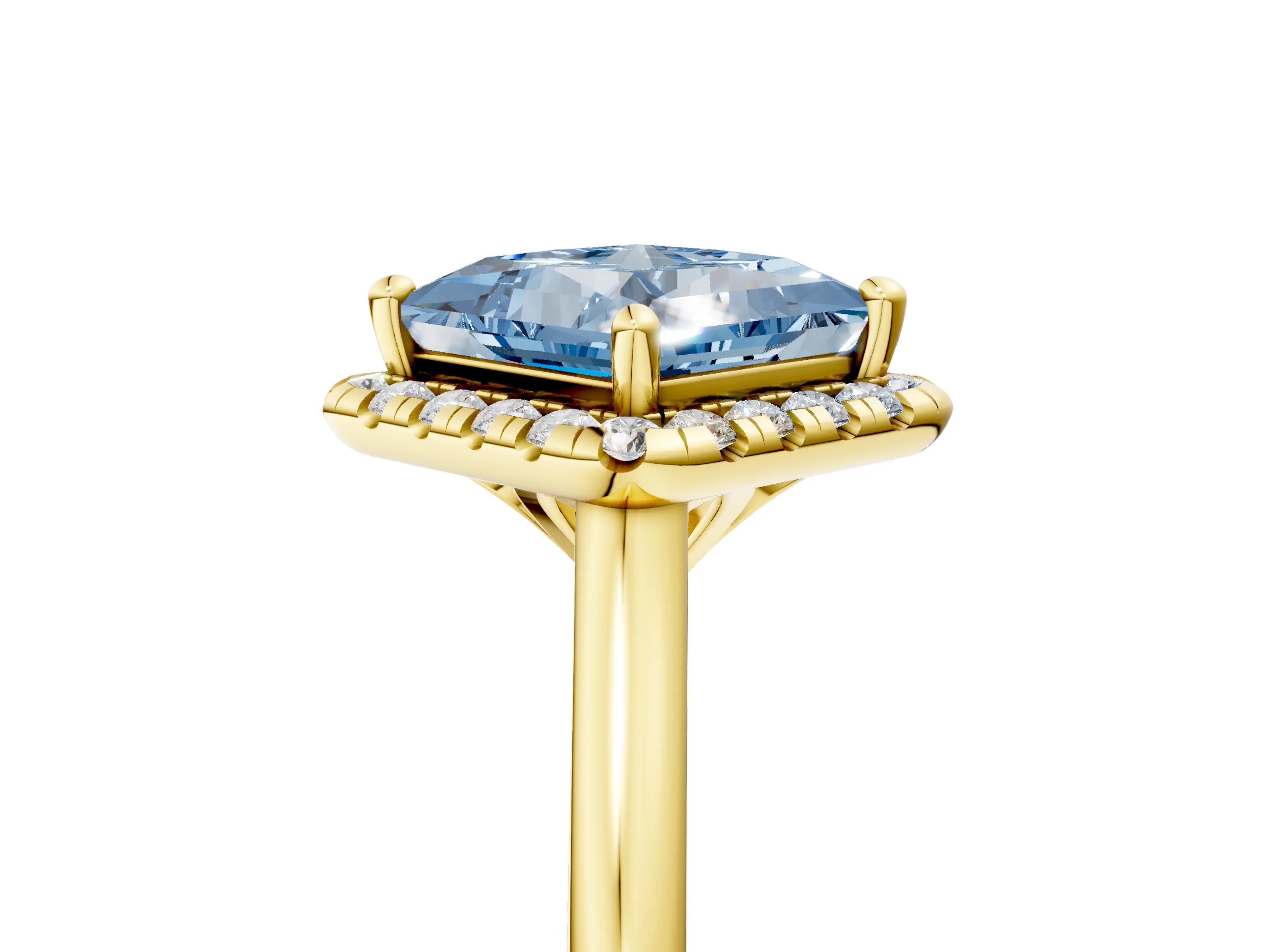 Yellow gold Fancy Blue Princess Cut Halo Round Diamond Solitaire Engagement Ring with Pave Band and Four-Prong Setting_17