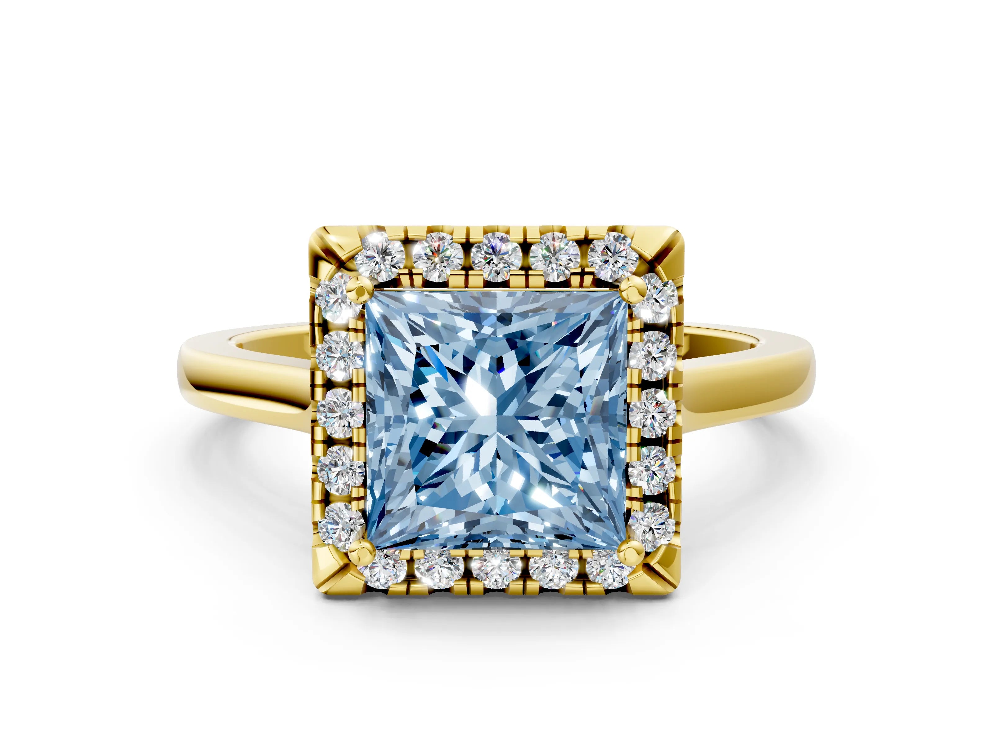 Yellow gold Fancy Blue Princess Cut Halo Round Diamond Solitaire Ring with Pavé Band and Four-Prong Setting_13