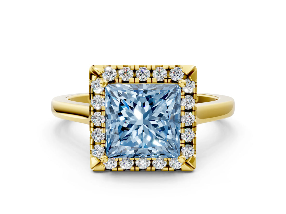 Yellow gold Fancy Blue Princess Cut Halo Round Diamond Solitaire Ring with Pavé Band and Four-Prong Setting_13