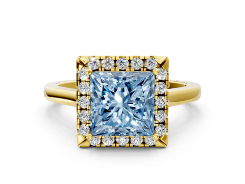 Yellow gold Fancy Blue Princess Cut Halo Round Diamond Solitaire Ring with Pavé Band and Four-Prong Setting_13