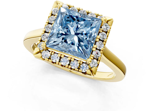 Yellow gold Fancy Blue Princess Cut Halo Round Diamond Solitaire Ring with Pavé Band and Four-Prong Setting_14