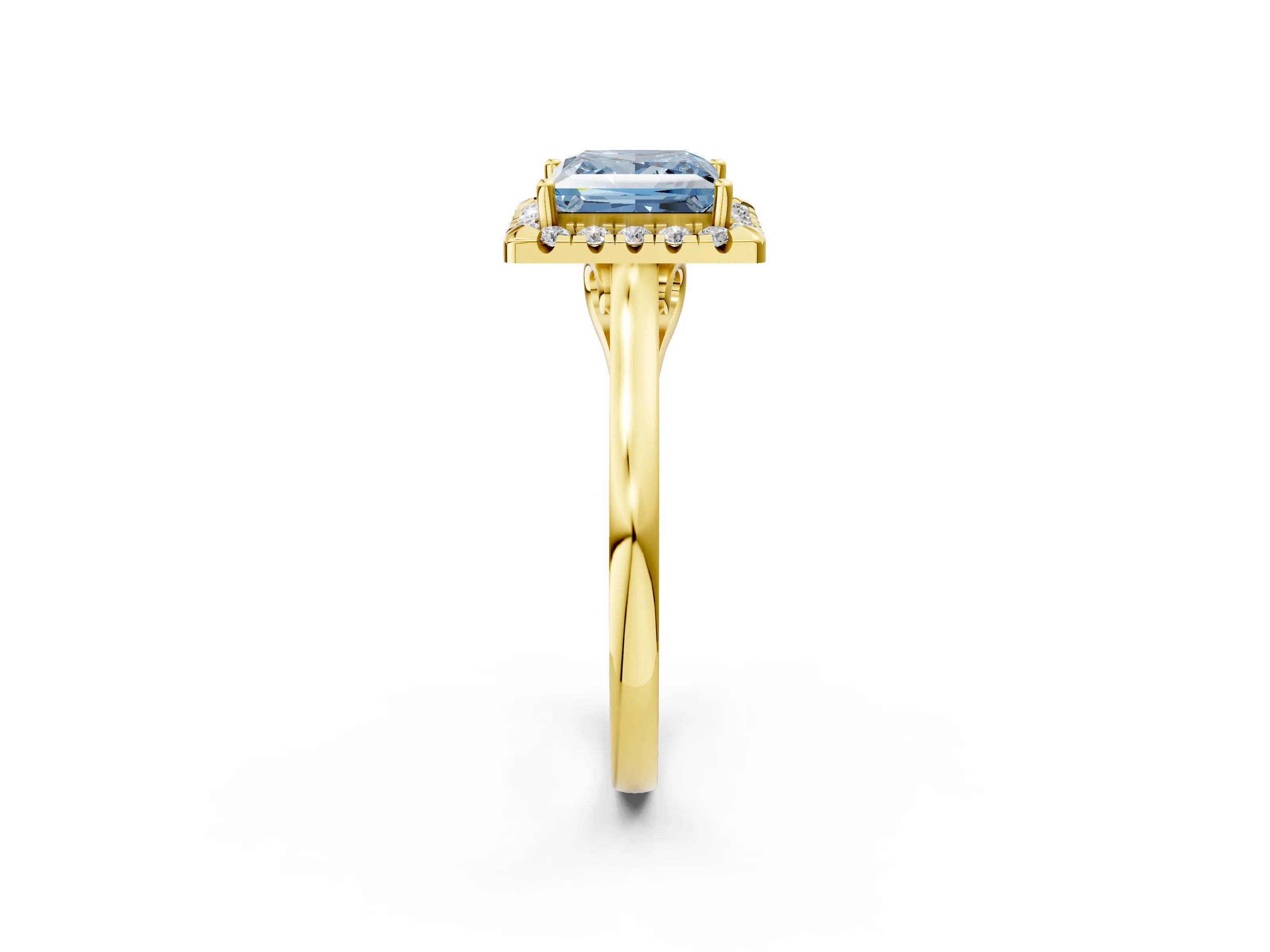 Yellow gold Fancy Blue Princess Cut Halo Round Diamond Solitaire Ring with Pavé Band and Four-Prong Setting_15