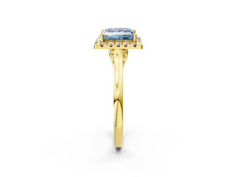 Yellow gold Fancy Blue Princess Cut Halo Round Diamond Solitaire Ring with Pavé Band and Four-Prong Setting_15