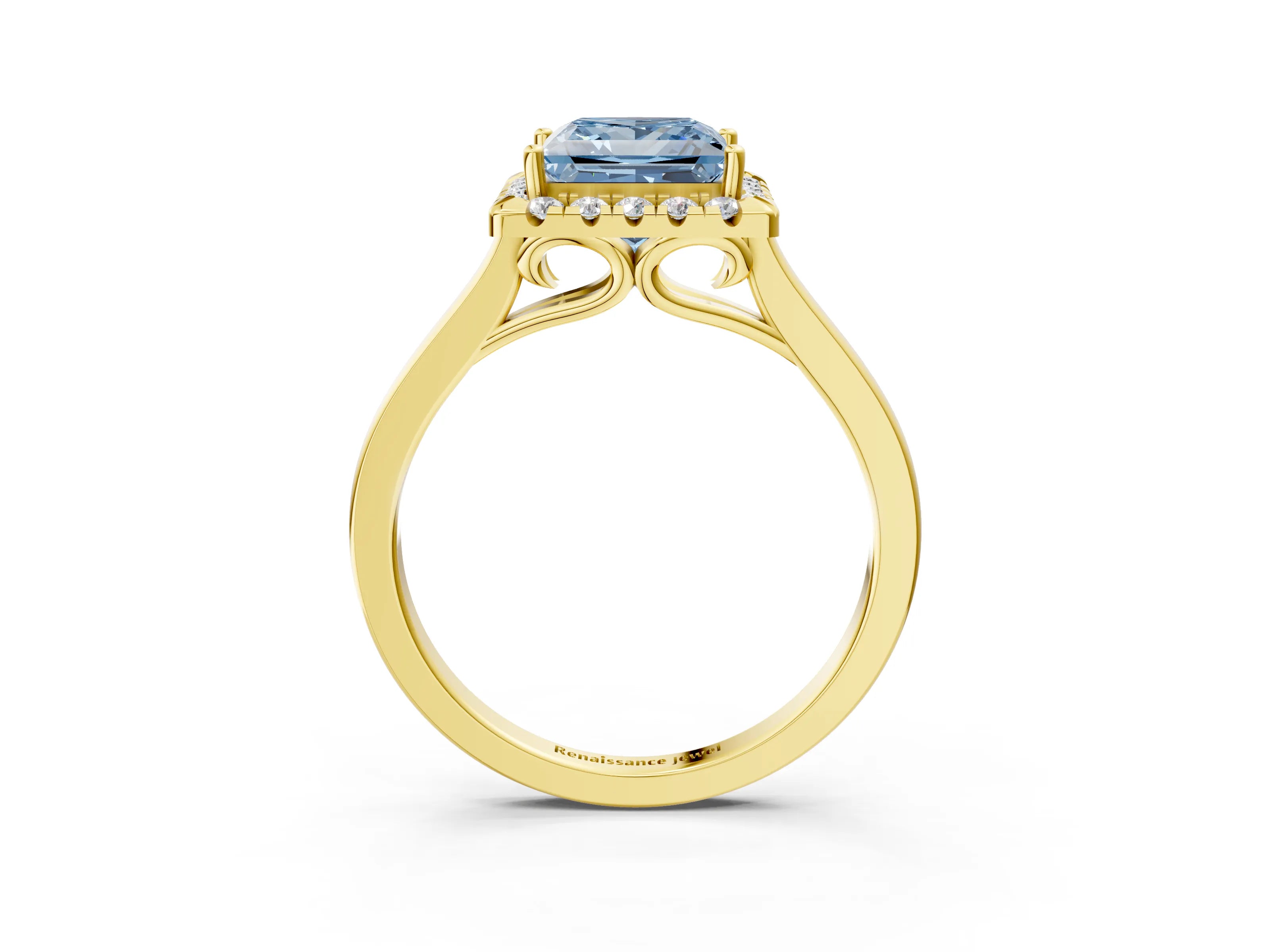 Yellow gold Fancy Blue Princess Cut Halo Round Diamond Solitaire Ring with Pavé Band and Four-Prong Setting_16